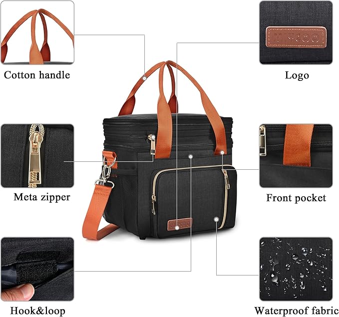 MIYCOO Lunch Bag & Lunch Box for Women Men Double Deck - Leakproof Insulated Soft Large Adult Lunch Cooler Bag for Work Black Orange
