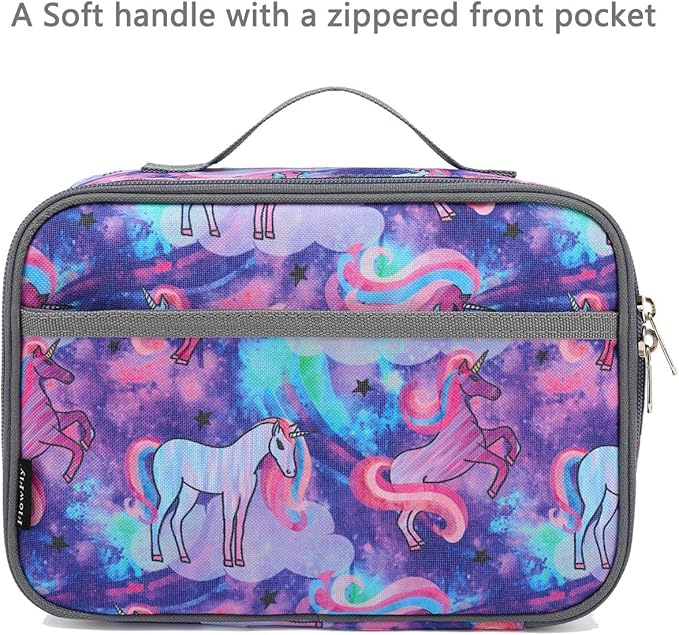 FlowFly Kids Lunch box Insulated Soft Bag Mini Cooler Back to School Thermal Meal Tote Kit for Girls, Boys, Unicorn#2