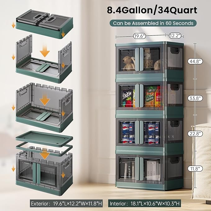 8.4Gal Collapsible Storage Bins with Lids & Wheels - 4 Pack Stackable with Doors, Heavy-Duty Plastic Containers for Home/Office, Green