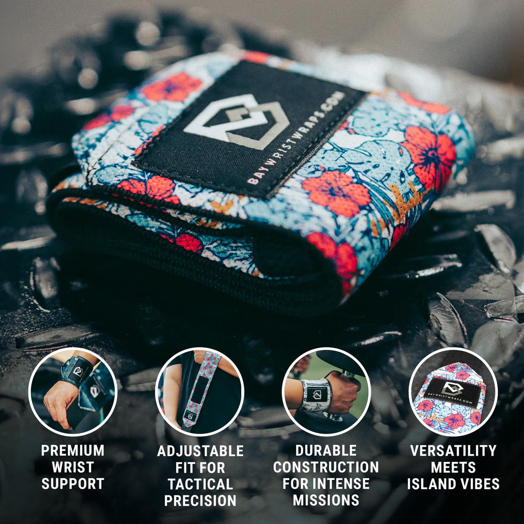 Bay Wrist Wraps Weightlifting Workout Wrist Brace - Adjustable, One Size Fits All - Comfort Wrist Wraps for Weightlifting with Thumb Loop, Lifting Wrist Strap in Tactical Hawaiian - 18-inch Wrist Wrap