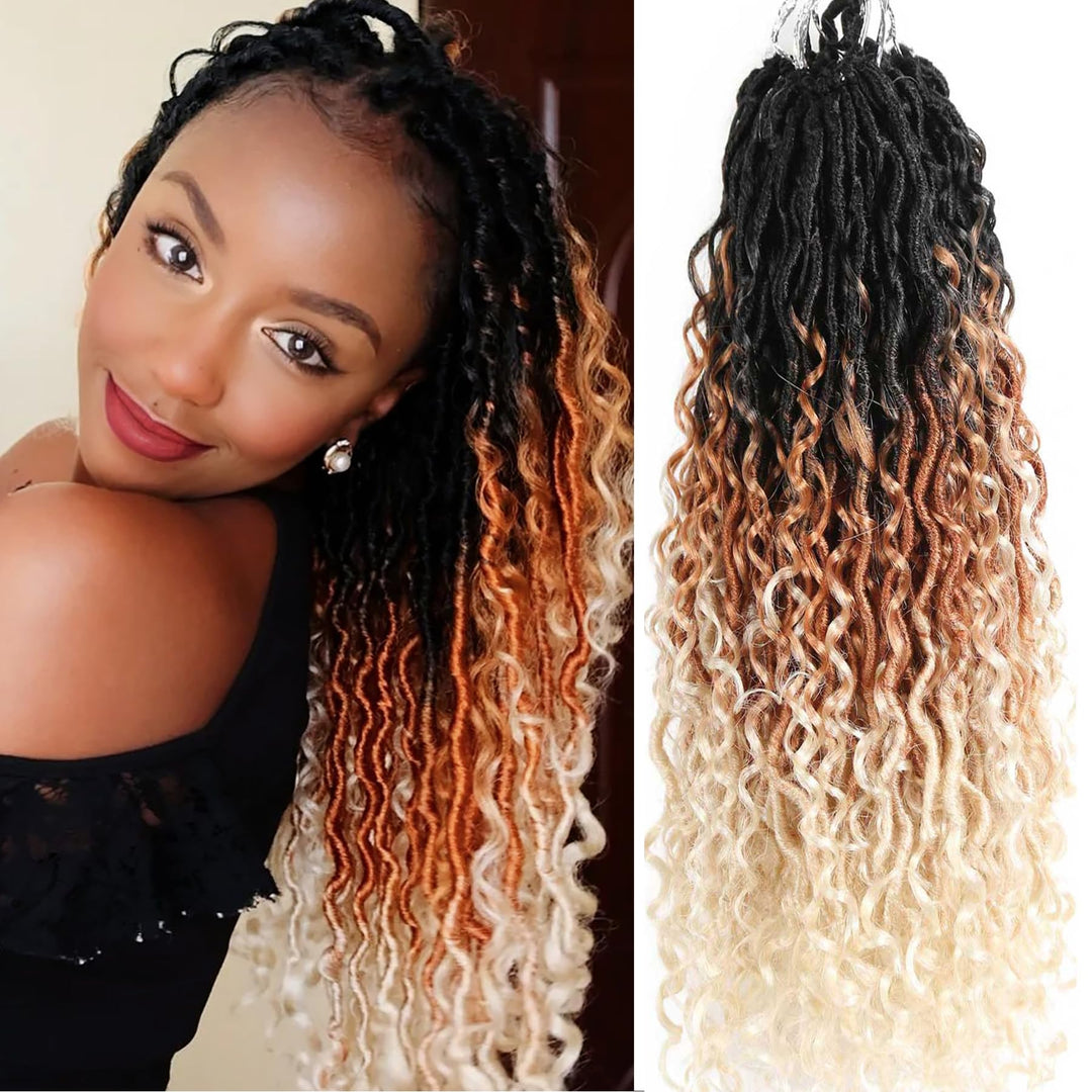 Ahrencan Ombre Blonde Goddess Locs Crochet Hair, 18 Inch 7 Packs Three Tone Faux Locs Crochet Hair With Curly Ends,Soft Pre Loop