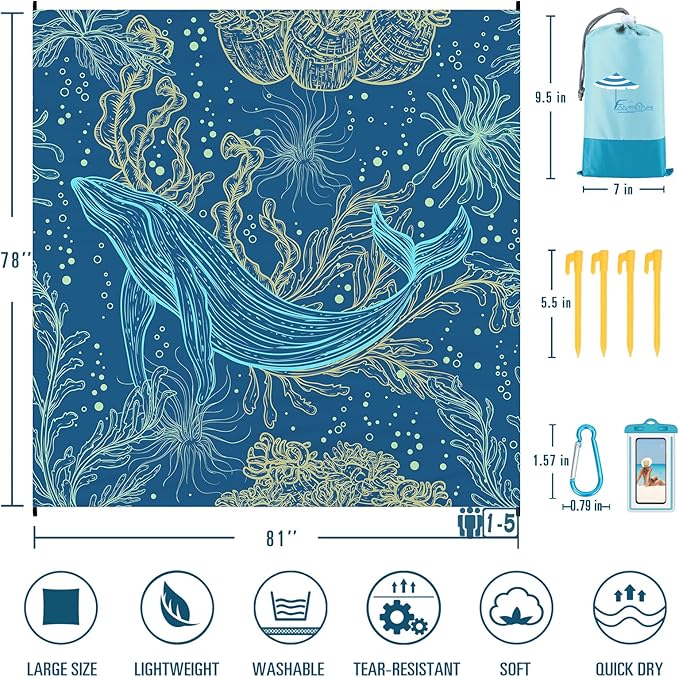 Beach Blanket Sandproof Waterproof 78''×81''1-5Adults Oversized,Compact Lightweight Durable Beach Mat for Travel Camping Hiking Picnic Blanket