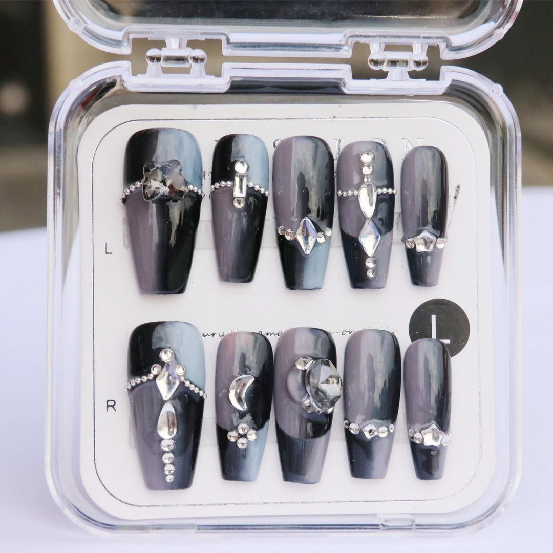 CAMILCY Handmade Nails Press on Coffin Armor Gradient Black Crystal Design Hand Painted Reusable Gel UV Finished Pre Shaped False Nails for Women 10Pcs 3D Handmade Nails (A011 L)