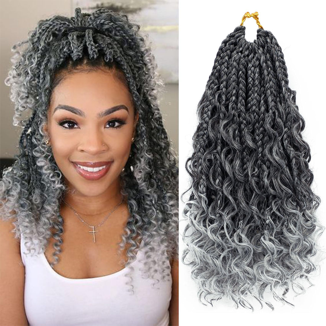 Goddess Box Braids Crochet Hair 10 Inch 8 Packs Pre-Looped Bohemian Crochet Boho Box Braids With Curly Ends Grey 3X Crochet Brai