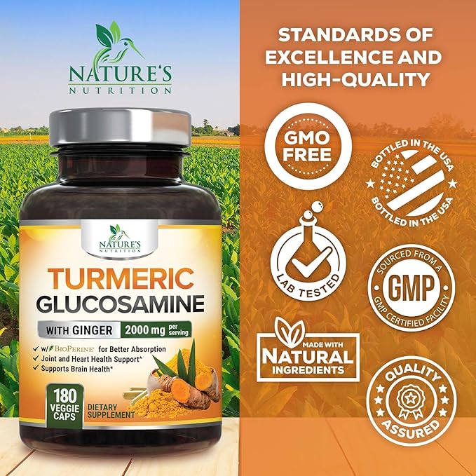Turmeric Curcumin Supplement 2000mg with Glucosamine Chondroitin & Ginger, 95% Curcuminoids, BioPerine Black Pepper for Best Absorption, Nature's Joint Support, Non-GMO, Bottled in USA - 180 Capsules