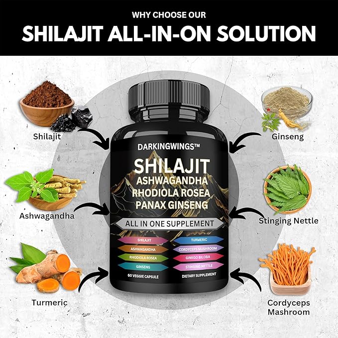 8-in-1 Shilajit 9000 Panax Ginseng 1500MG Ashwagandha 2000MG Rhodiola Rosea 1000MG, Turmeric 500MG, Gingko Biloba 500mg, Stinging Nettle 250MG, Cordyceps Mushroom 500mg for Full Body Power