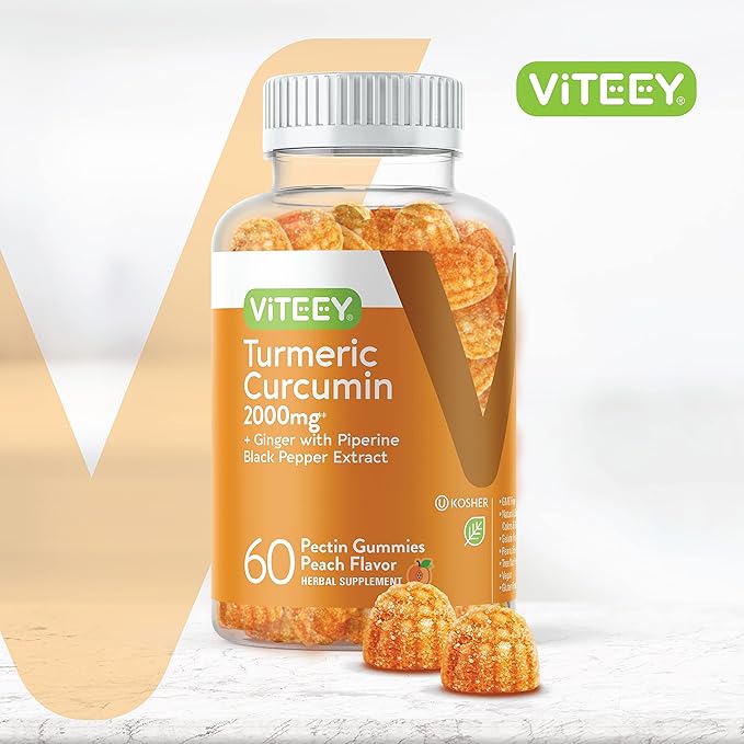 Turmeric Gummies with Turmeric Curcumin 2000mg, Ginger & Black Pepper Extract - Immune Support, Healthy Skin, and Joint Health - Vegan, Gelatin Free, GMO Free - Tasty Chewable Peach Flavored Gummy