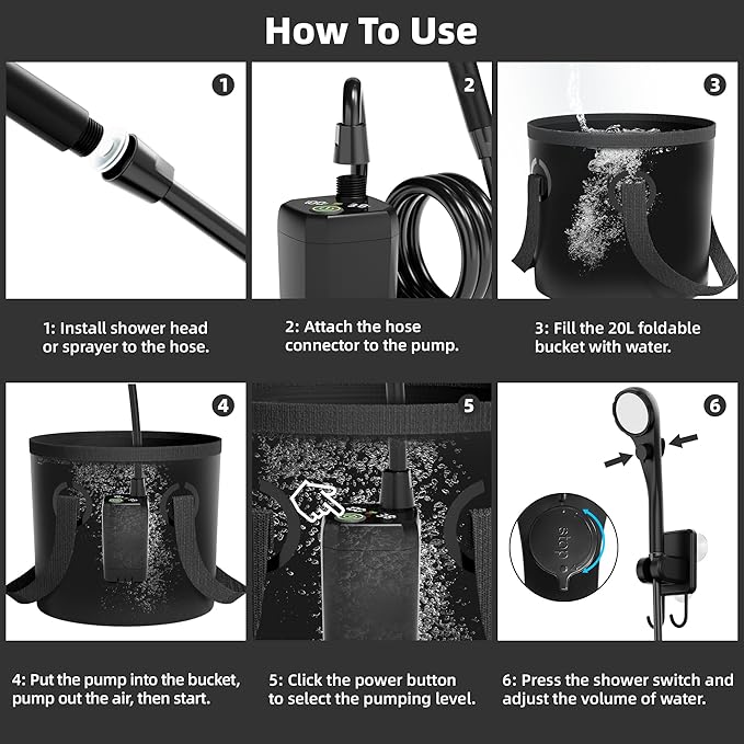 Moriko Portable Camping Shower, 6000mAh Rechargeable Shower Pump, Filtered Shower Head & 5 Gallons Foldable Bucket, Outdoor Shower for Hiking Beach, Travel, Pet Bath, Car Washing, Surf & Boat Cleaning