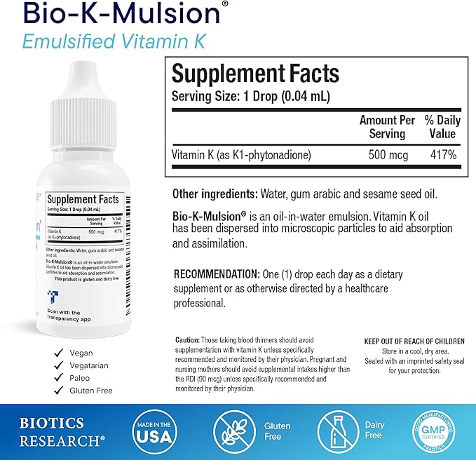 Biotics Research Bio K Mulsion Liquid Vitamin K Drops - 500 mcg/S - Vitamin K1 phytonadione for Adults - VIT K Supplement - Strong Bones, Heart Health, Blood Clotting Support, 1 fl oz
