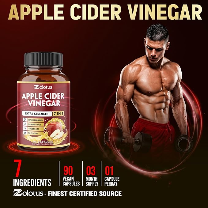 Zolotus 7 in 1 Apple Cider Vinegar Capsules, 3 Month Supply with Ceylon Cinnamon, Ginger Root, Turmeric, Elderberry for Supports Digestion, Immune, 90 Capsules