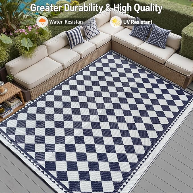 Outdoor Waterproof Rug 6'x9' Plastic Straw Rugs Washable Reversible Floor Mat Blue Plaid Carpet for Camping RV Deck Entryance Porch Picnic Balcony Beach Backyard