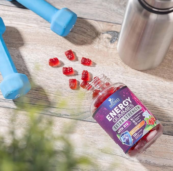 Energy Gummies Vitamin B12 1000 mcg, Green Tea Natural Caffeine Support, Extra Strength Daily Energy Vitamins, Delicious Berry Flavor Gluten Free Chewable Supplement for Cycling & Running - 60 Chews