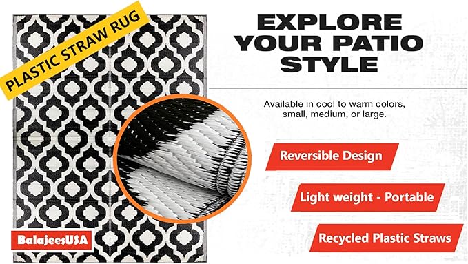 BalajeesUSA Outdoor Plastic Rugs - 6x9 Black, Reversible Recycled Plastic Straw Indoor Outdoor Patio Rugs Clearance Waterproof Large RV Camper Mats Outside 521