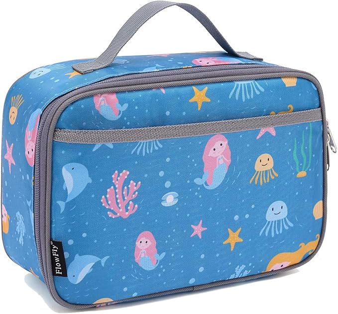 FlowFly Kids Lunch box Insulated Soft Bag Mini Cooler Back to School Thermal Meal Tote Kit for Girls, Boys, Mermaid