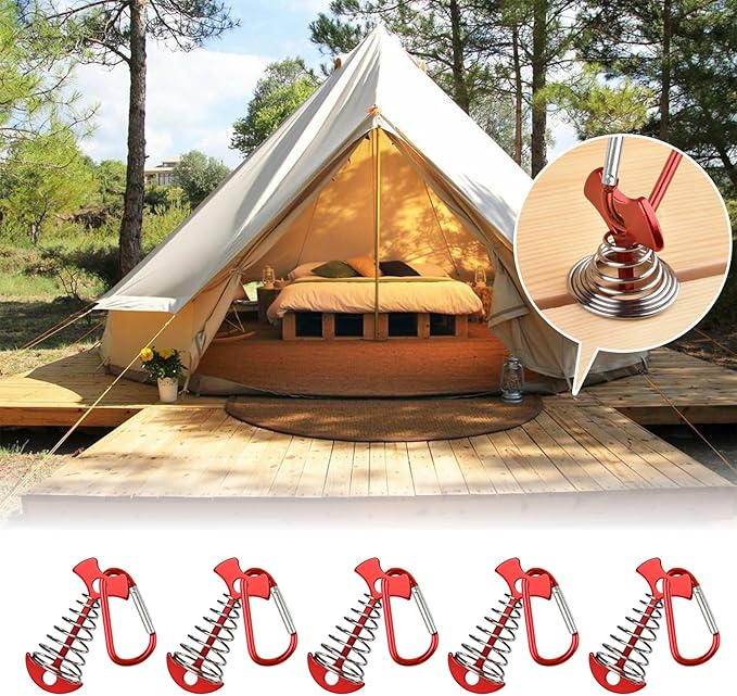 5 PCS Fishbone Deck Anchor Pegs, Red Deck Furniture Anchors, Deck peg with Spring Buckle, 2.9 Inch x 1.4 Inch Adjustable Anchor Deck pegs, Tent Deck Anchors for Camping Hiking Supplies