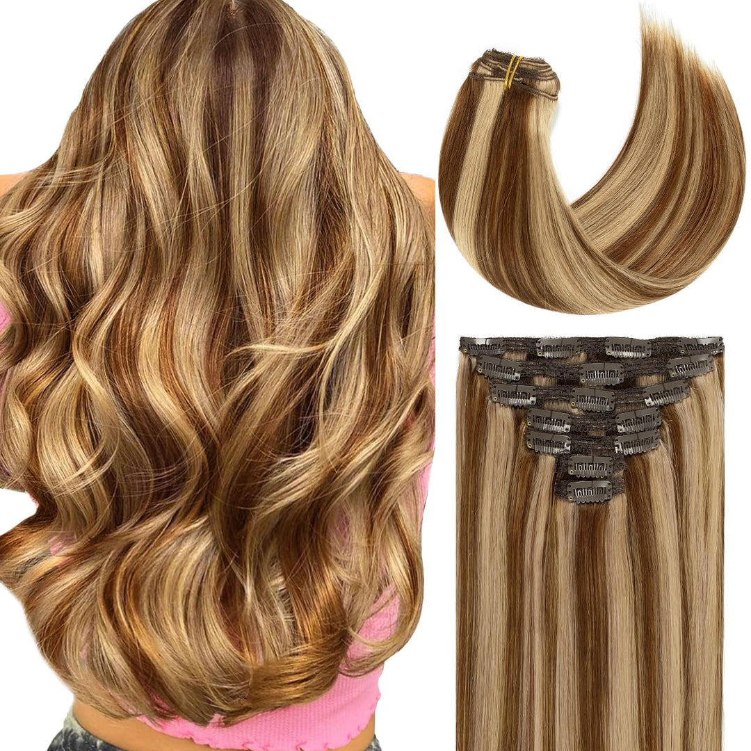 Lacer Clip In Extensions Real Human Hair Long Straight Hair Pieces 20 Inch Color Light Golden Brown Hightlight Chocolate Brown P