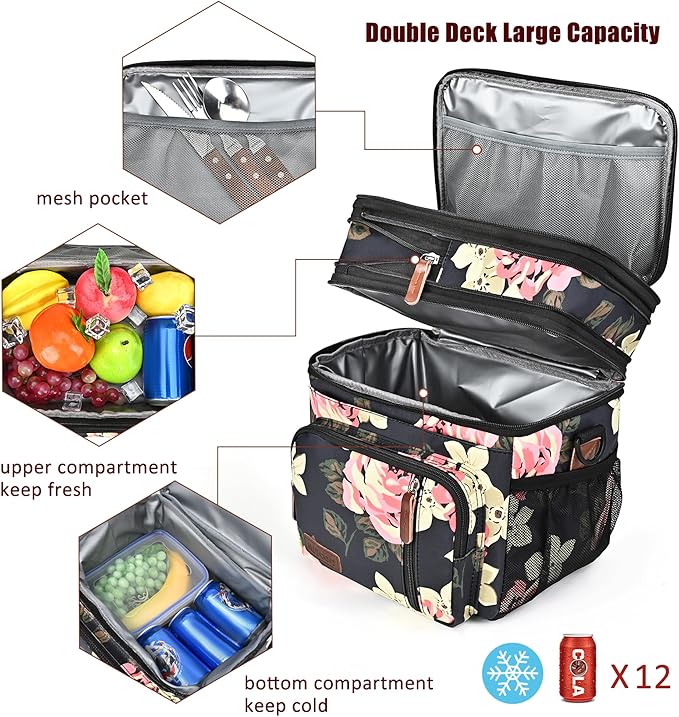 MIYCOO Insulated Lunch Bags for Women Men Large Lunch Box Leakproof Double Deck Soft Cooler Tote Bag (Flower, 15L)