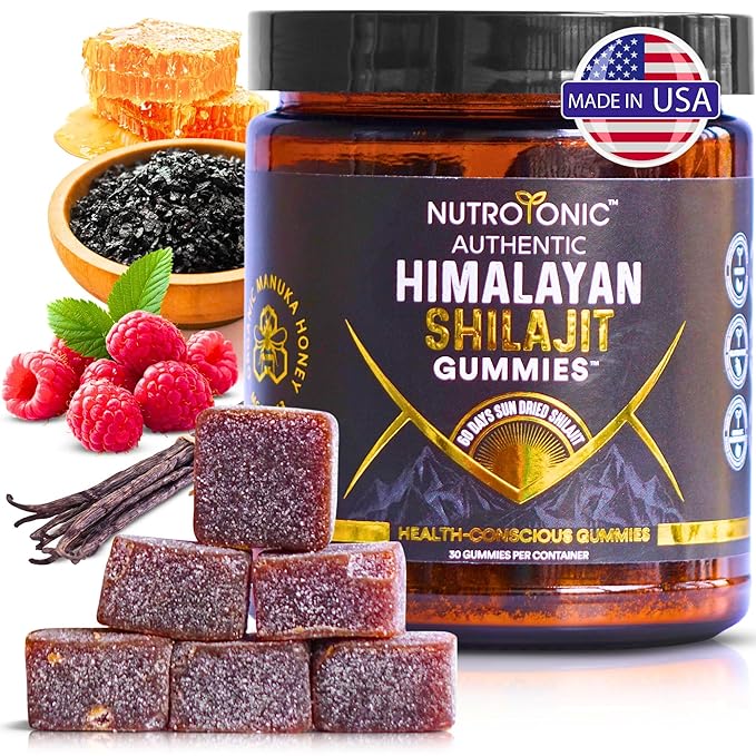 NutroTonic® Authentic Himalayan SHILAJIT Gummies | No Added Sugars | Organic Raspberry Vanilla Flavor | Sweetened by Organic Manuka Honey MGO +263 | Brain, Heart, Cellular Health | 30 Healthy Gummies