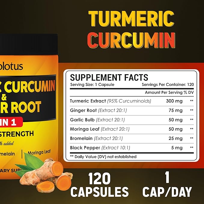 6 in 1 Turmeric Curcumin + Ginger Capsules, 95% Curcuminoids with Ginger, Garlic Bulb, Bromelain, Moringa, Black Pepper - 120 Capsules
