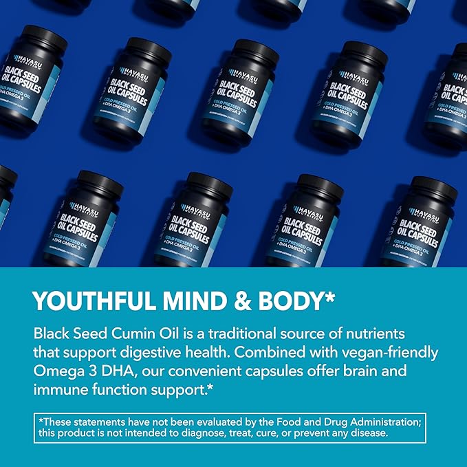 Black Seed Oil with DHA Supplement for Brain Health and Cognition - Cold Pressed Black Cumin Seed Oil and DHA Omega 3-60 Liquid Capsules, Unflavored, Vegan, Non-GMO, and Gluten-Free - 1 Month Supply