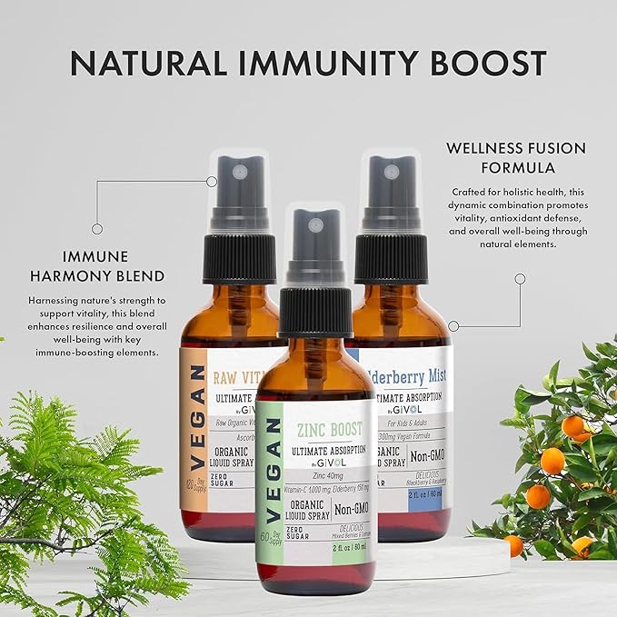 Immunity Pack Liquid Vitamins (Pack of 3) Sambucus Nigra Elderberry Mist, Zinc Boost Mist and Vitamin C Mist (Extra Strength) and Organic Vegan Vitamin B12 Supplement Liquid Mist