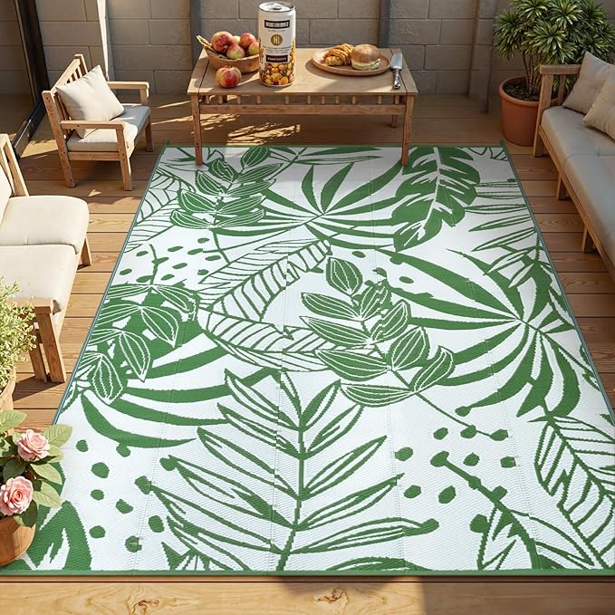 Anidaroel Leaf Outdoor Rugs 6x9ft for Patios Clearance Waterproof, Reversible Tropical Plastic Straw Camping Mat Outside Rug, Large Outdoor Area Rug for RV, Deck, Balcony, Picnic(Green,6'x9')