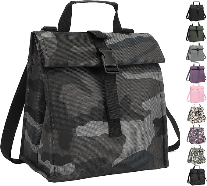 Insulated Lunch Bag for Men/Women,Roll top Reusable Lunch Box with Adjustable Shoulder Strap,Thermal Lunch Cooler Tote Container for Adults Work Office Picnic,Black Camouflage