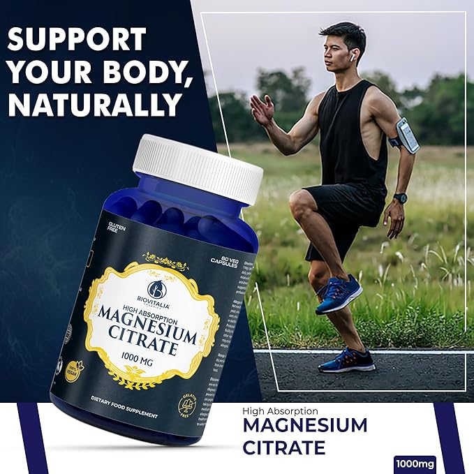 Biovitalia Magnesium Citrate Supplement for Sleep Heart Health Cognitive Health Bone Health Energy Muscles & Metabolism with Premium Magnesium - 60 Vegan 1000mg Capsules