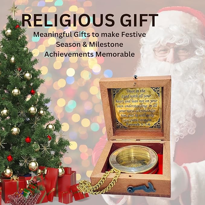 Trust in The Lord - Proverbs 3: 5-6 Engraved Compass, Wood Box Greeting, Inspirational Gift Men, Christian Boys Baptism Gifts, Graduation Day