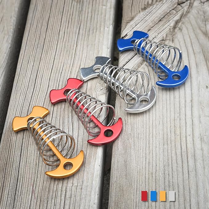 TRIWONDER 6pcs Deck Plank Board Tent Stakes Aluminum Spring Anchor Fishbone Guyline Cord Adjuster Tent Pegs with Carabiners for Outdoor Camping Hiking