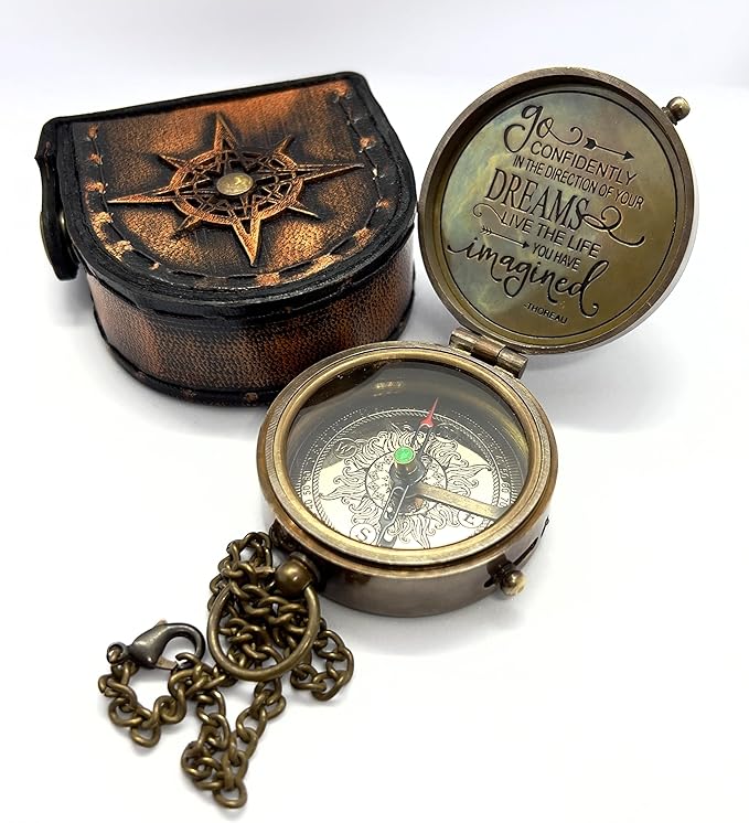 Antique Brass Compass with Detachable Chain & Carrying Case – Vintage Nautical Navigation Tool for Outdoor Hiking, Survival, and Travel – Gift for Collectors and Adventurers