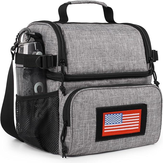 ATRIPACK 2 Compartment Lunch Bag for Men Adult, Tactical Lunch Box Leakproof Insulated Large Cooler Bag for Work with Adjustable Shoulder Strap Flag Double Layer Lunch Pail（Grey）