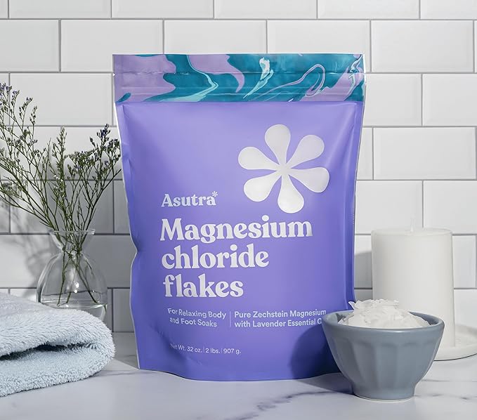 ASUTRA Magnesium Chloride Bath Flakes with Lavender, 2 lbs - for Relaxing Foot & Body Soaks, Epsom Salt Alternative, Rapid Absorption