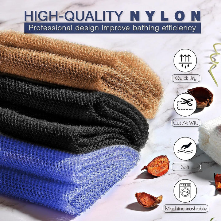 3-Piece African Net Bath Sponge Set | Exfoliating Body Scrubber | Black, Blue, Brown