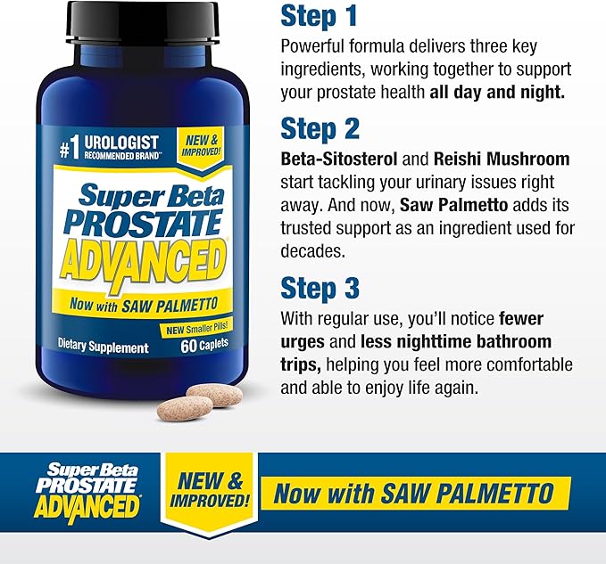 Advanced with Saw Palmetto - Prostate Health Supplements for Men, Bladder & Urinary Support with Beta-sitosterol, Reishi, Saw Palmetto, Vitamin D, Zinc Oxide, Selenium - 120 Count