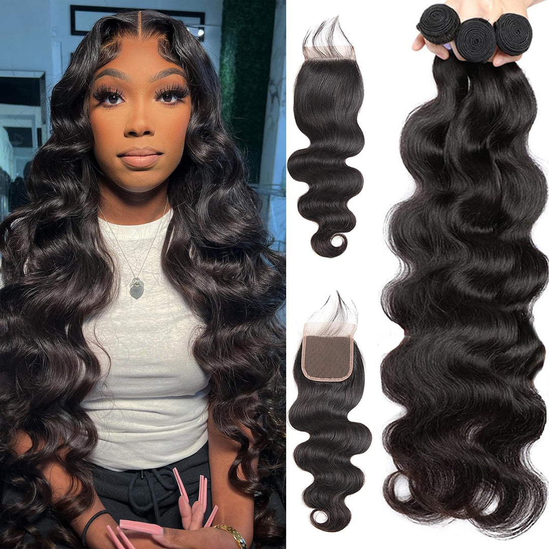 Beauty Queen 10A Brazilian Body Wave Bundles With Closure (20 22 24+18 Inch) 100% Unprocessed Weave Bundles Human Hair With Clos