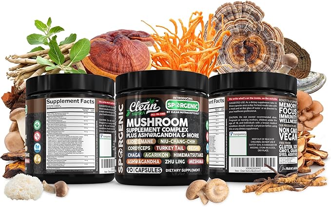 Organic Mushroom Supplement | Ashwagandha Lions Mane Cordyceps Turkey Tail Reishi Mushrooms Maca Root Black Hoof Chaga Tremella Agarikon Shiitake Oyster Powder Capsules Sporgenic by Clean Nutra (1)