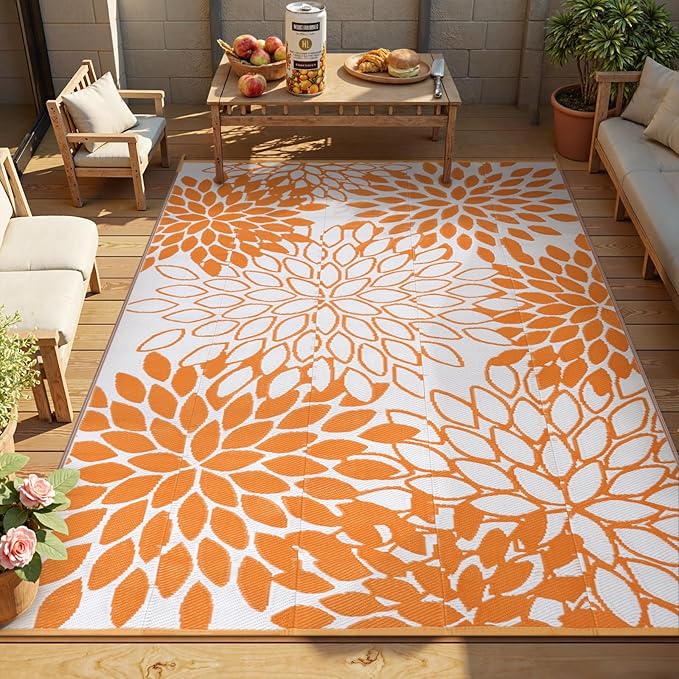 Anidaroel Outdoor Rugs 6x9ft for Patios Clearance Waterproof, Reversible Tropical Plastic Straw Camping Mat Outside Rug, Large Outdoor Area Rug for RV, Porch, Deck, Balcony, Picnic(Orange,6'x9')