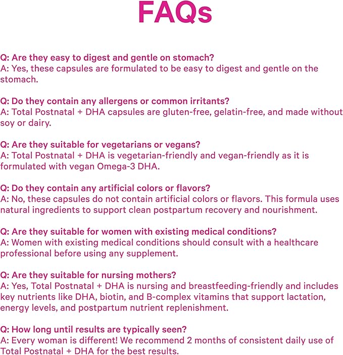 Pink Stork Total Postnatal Vitamins for Women with Vegan DHA, Iron, Folate, and Vitamin B12, Postpartum Recovery Essentials, Daily Supplement for Breastfeeding Moms - 1 Month Supply