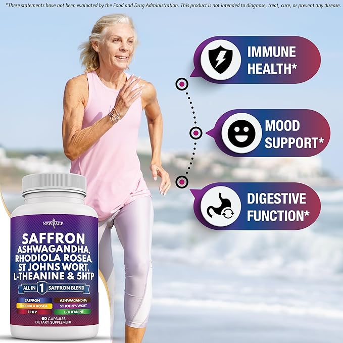 NEW AGE Saffron Supplements with Ashwagandha - Support with L-Theanine, Ginkgo Biloba, St. John's Wort, Rhodiola Rosea & 5-HTP - Saffron 60 Count