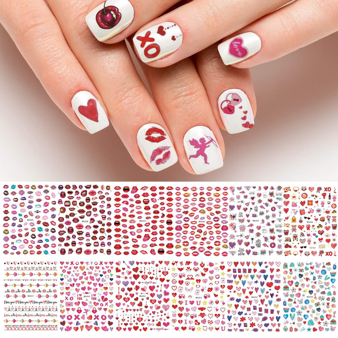 Adurself 12 Sheets Valentine'S Day Nail Art Decals Heart Lips 3D Nail Self-Adhesive Stickers Rose Xoxo Love For Women Girls Kids