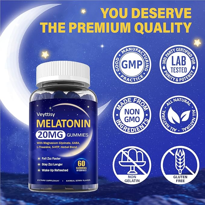 Melatonin 20mg Gummies for Adults - Max Strength Melatonin Gummy Supplement with Magnesium Glycinate, B6, B12, L-Theanine, GABA, 5-HTP & Herbs - Non-Habit Forming, Vegan, Natural Mixed Berry Flavor
