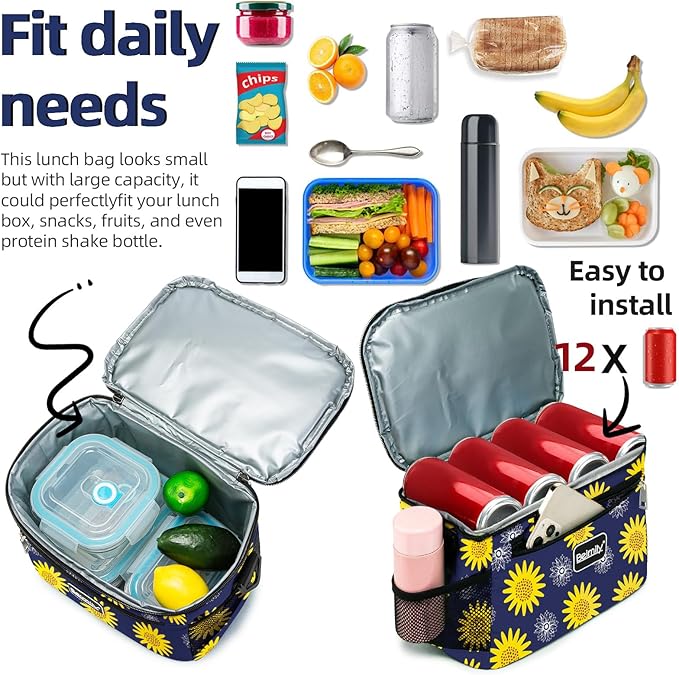 BEIMILY Lunch Bag for Women/Men,Reusable Lunch Box Small Cooler Bag Soft Sided,Leakproof Cooler Bag for Office Work Picnic Beach with Adjustable Shoulder Strap (sunflower), 2311A