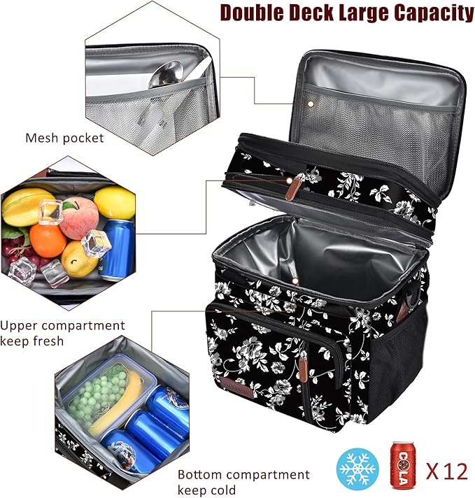 MIYCOO Lunch Bag for Women Men Double Deck Lunch Box - Leakproof Insulated Soft Large Lunch Cooler Bag, (White Flower,15L)