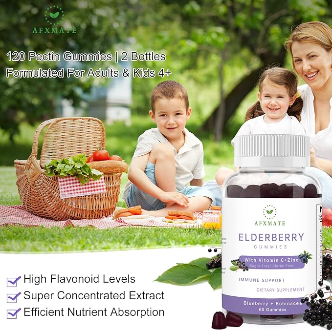 AFXMATE Sambucus Elderberry Gummies, Black Elderberry Gummy with Zinc and Vitamin C for Adults, Sugar Free Kids Multivitamin Gummies Immune Support* Supplement (2 Pack)