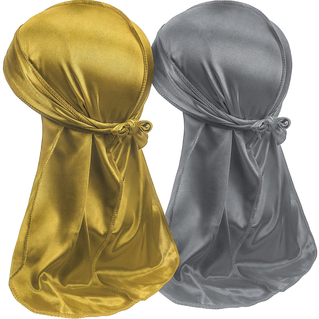 2Pcs Silky Durag Pack For Men Waves, Satin Doo Rag For 360 540 720 Waves (Gold-Silver)