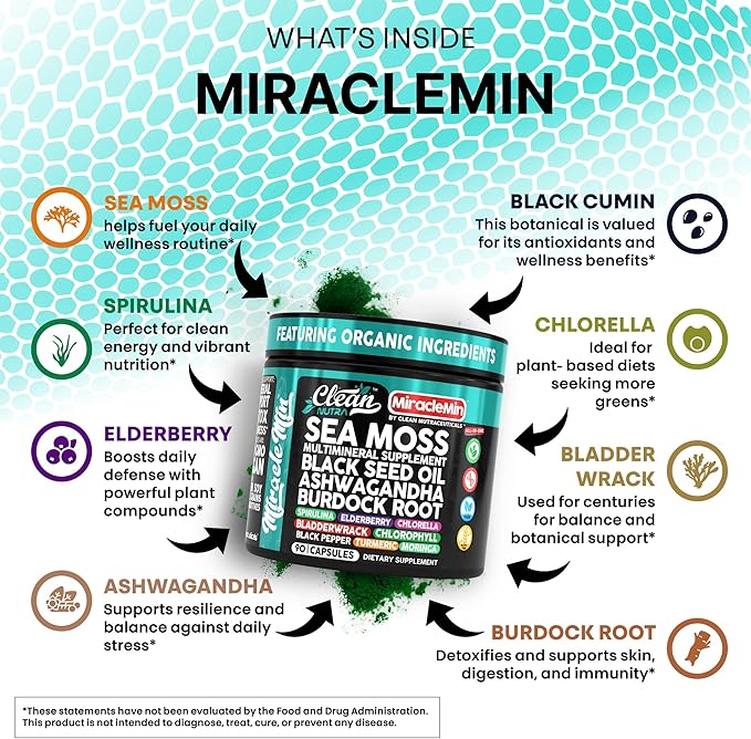 Clean Nutra Sea Moss Capsules with Ashwagandha, Black Seed Oil, Burdock Root, Bladderwrack, Moringa, Chlorella, Spirulina, Turmeric, Elderberry, Amla – 90 Vegan Capsules – MiracleMin