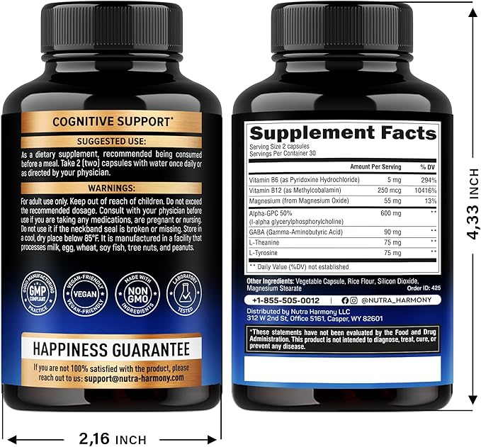 Alpha GPC Supplement with L-Theanine | L-tyrosine | Vitamin B6 & B12 - Alpha GPC 600 mg for Focus, Memory & Energy - Bioactive Choline for Brain & Cognition - for Men & Women - Made in USA - 60 Caps