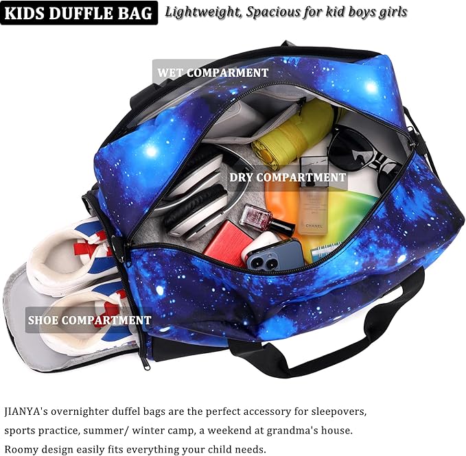 JIANYA Kids Sports Overnight Bag for Girls Boys Small Gym Duffle Bag Teens Gymnastics Bag Sleepover Bag with Shoe Compartment, Galaxy Blue