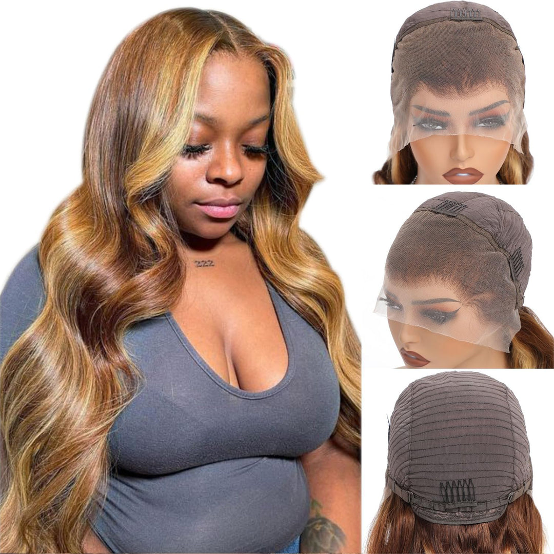 Aaliweya Highlight Ombre Lace Front Wigs Human Hair 28Inch 4/27 Honey Blonde 13X4 Body Wave Hd Transparent Lace Frontal Wig For
